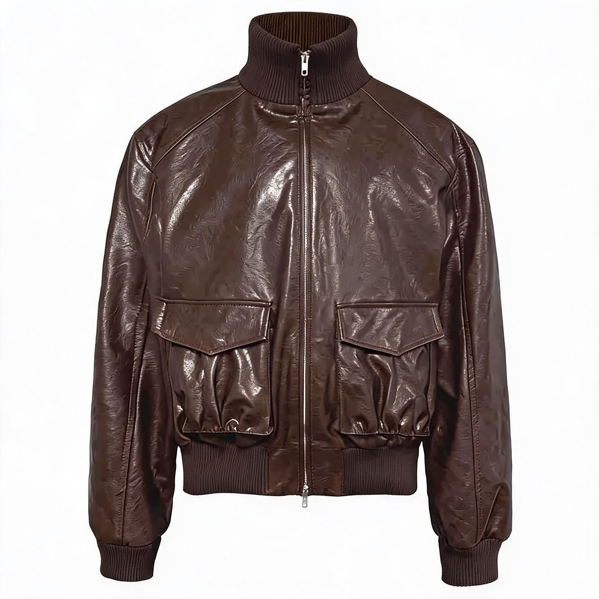 Cropped Double Zipper Waxed Leather Jacket