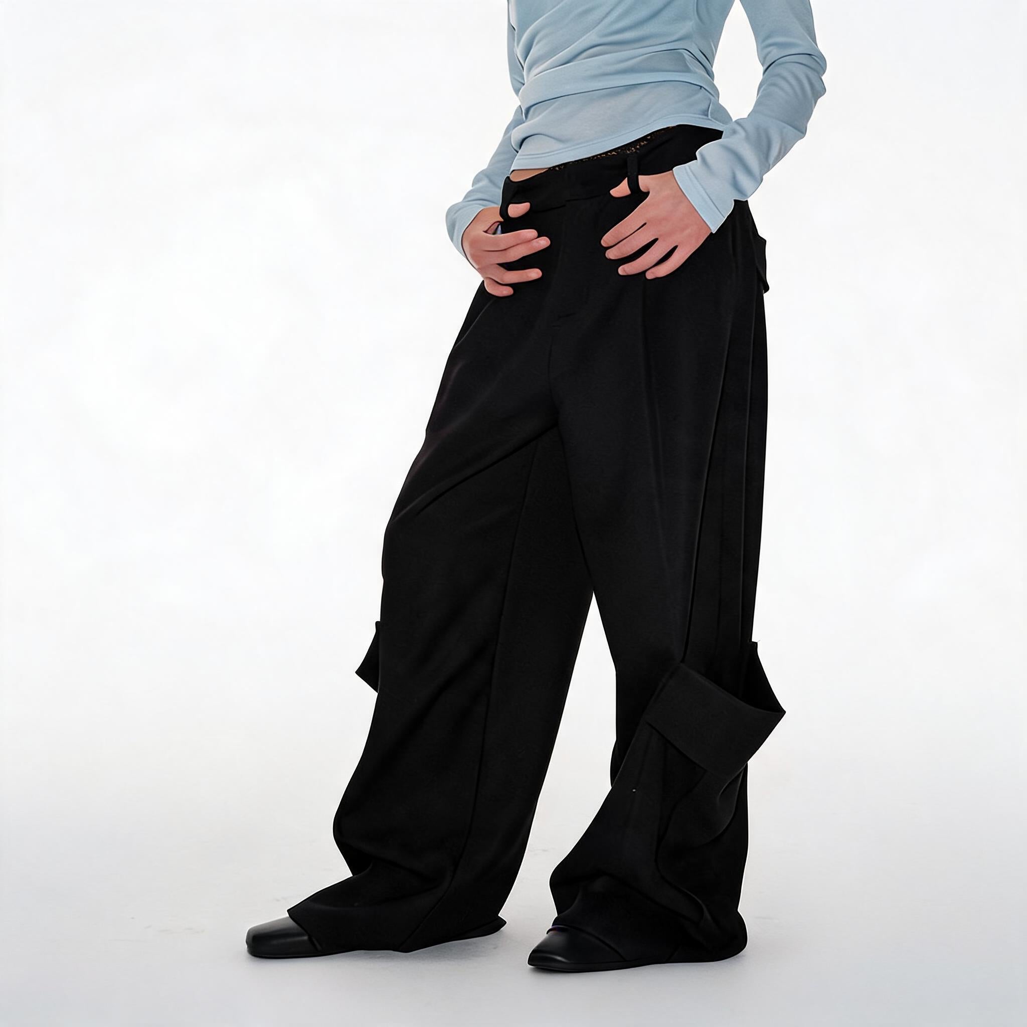 Dual Pocket Pleated Straight Flared Pants