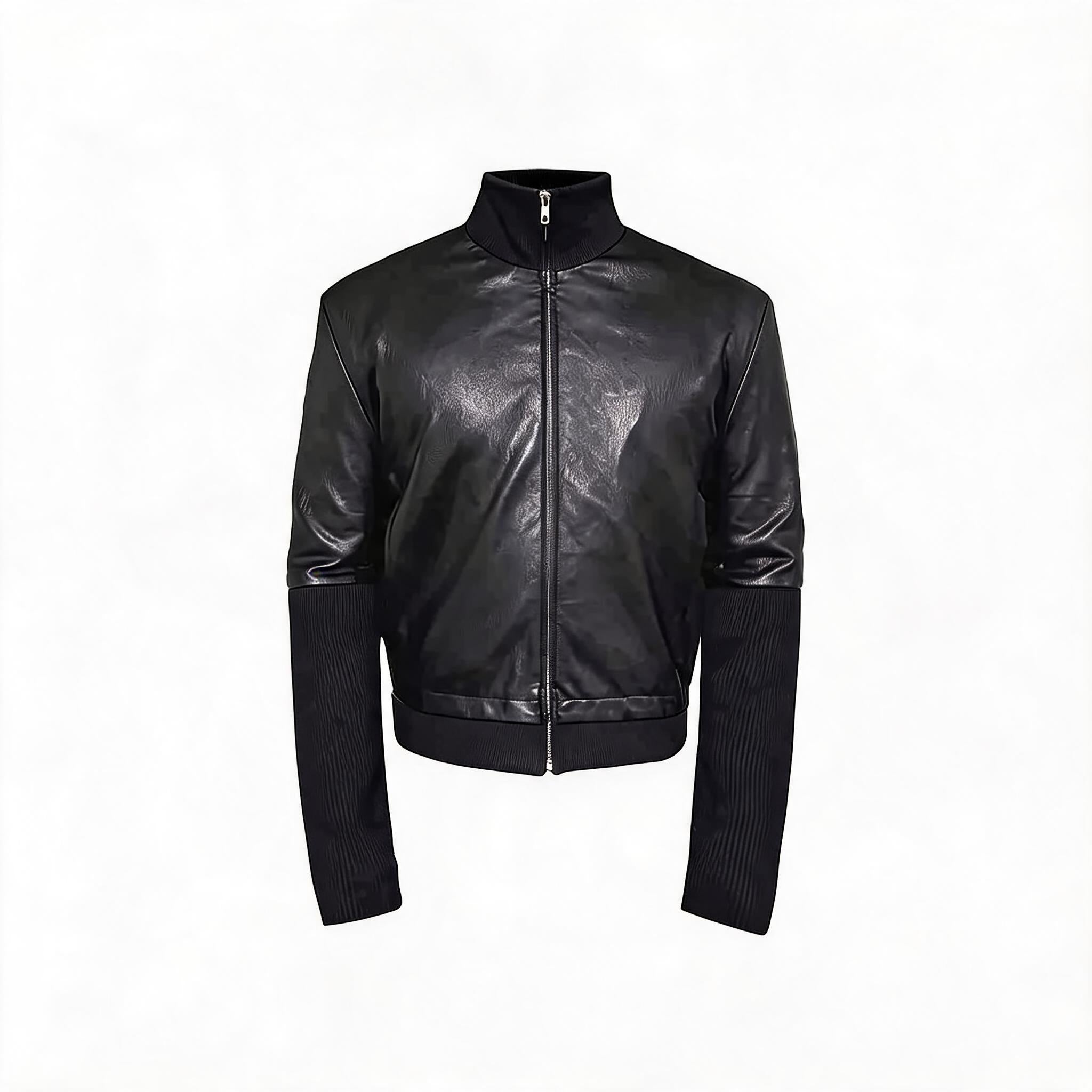 Black Ribbed Cuff Faux Leather Jacket