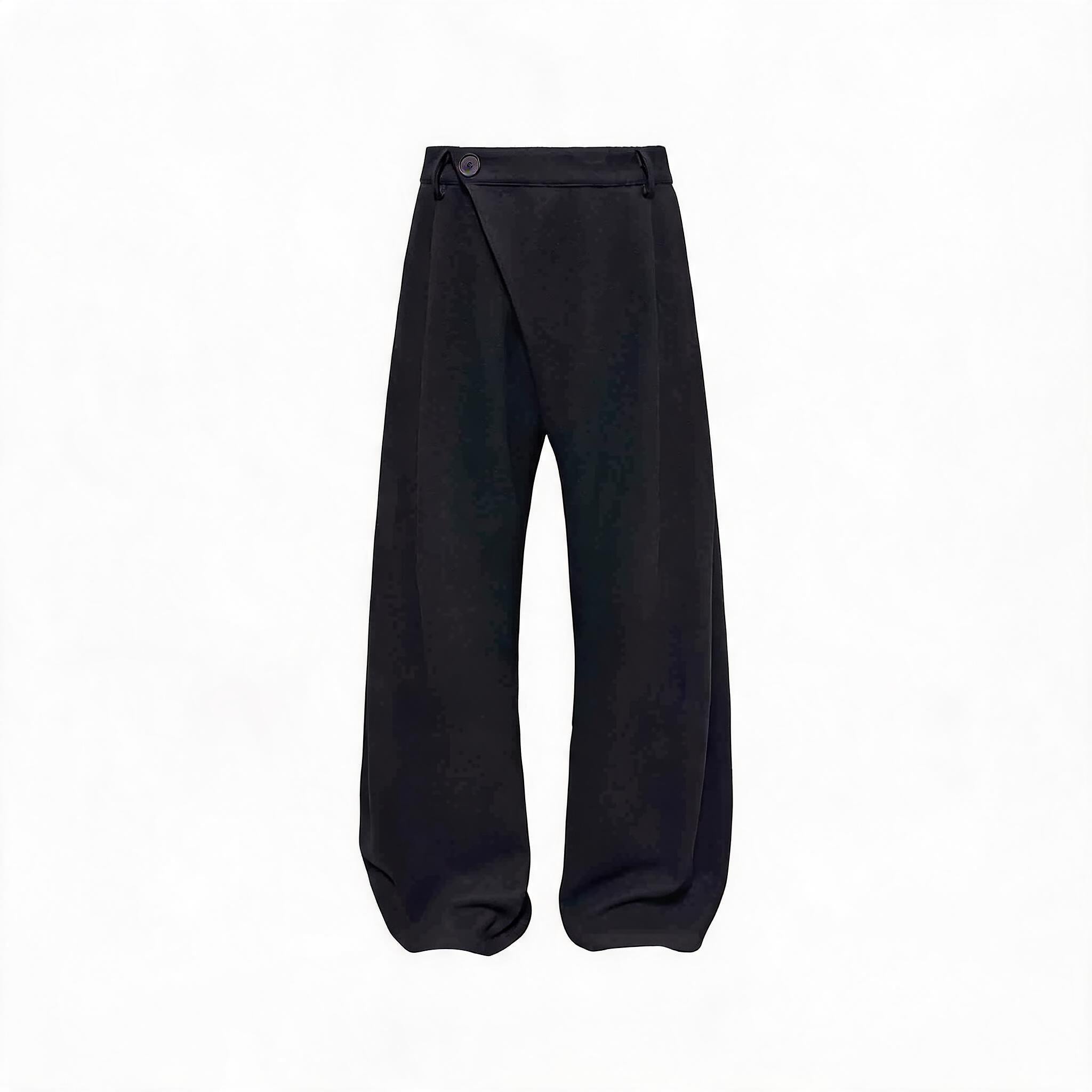Slightly Curved Asymmetric Pleated Wool Pants