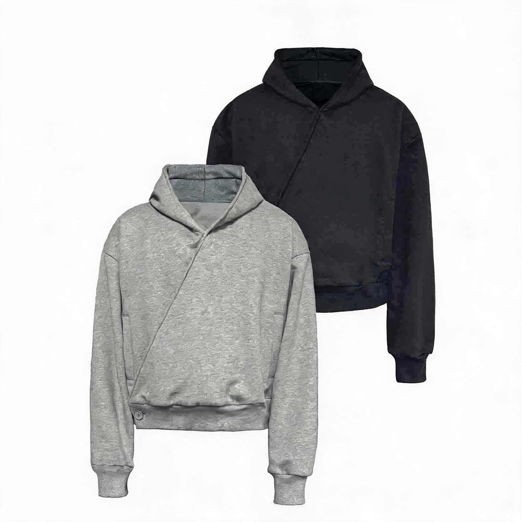 Relaxed Double Button Cross Neck Hoodie