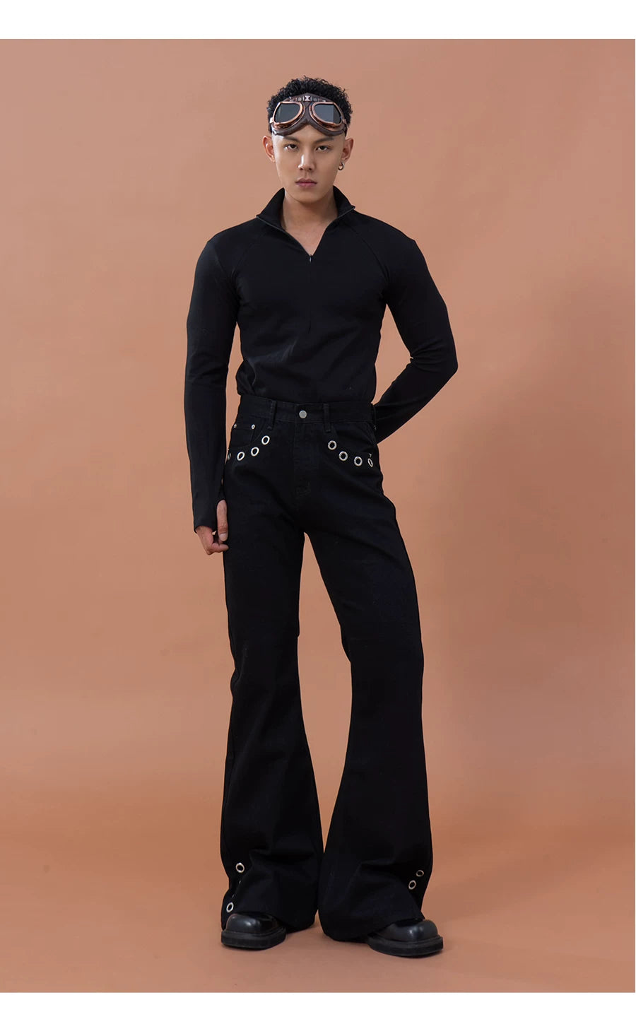 Men's Black Metal Ring Flare Jeans