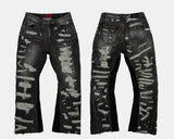 Heavyweight Distressed Embroidered Patchwork Flared Jeans