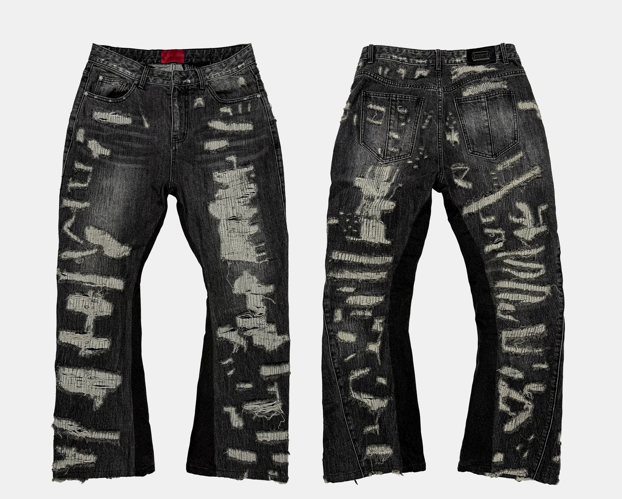 Heavyweight Distressed Embroidered Patchwork Flared Jeans