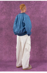 Men's Textured Gray Blue Bomber Jacket
