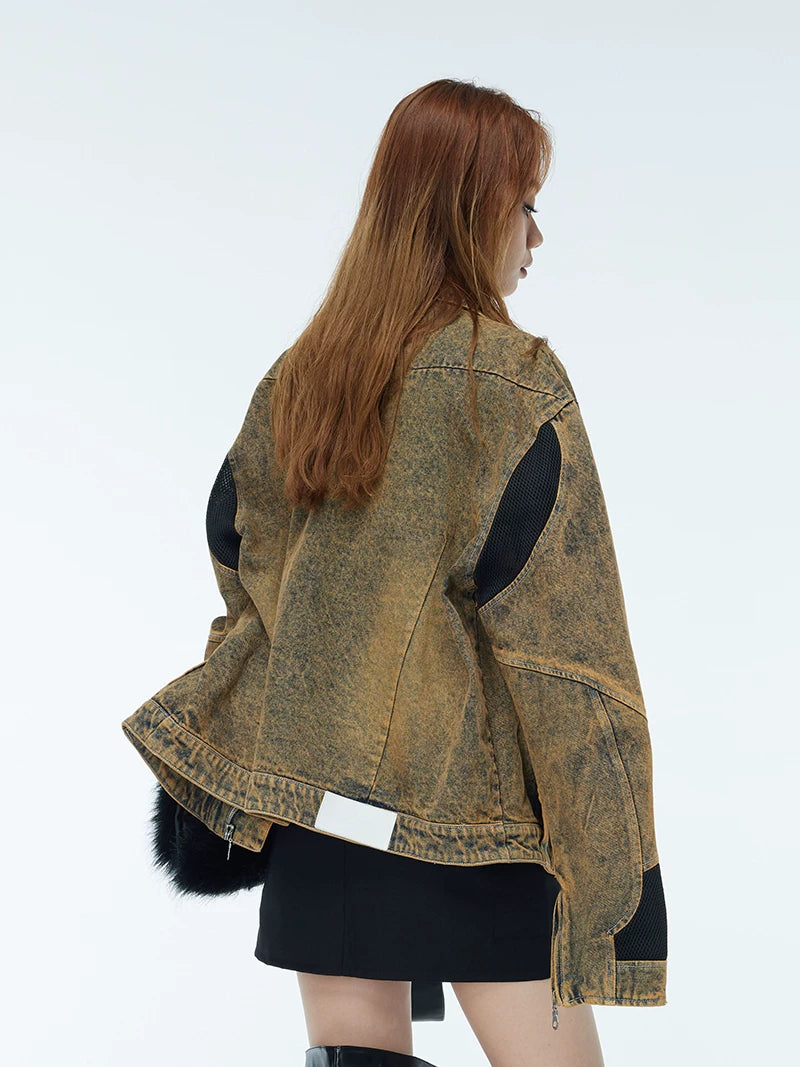 Vintage Washed Two-Tone Mesh Denim Jacket