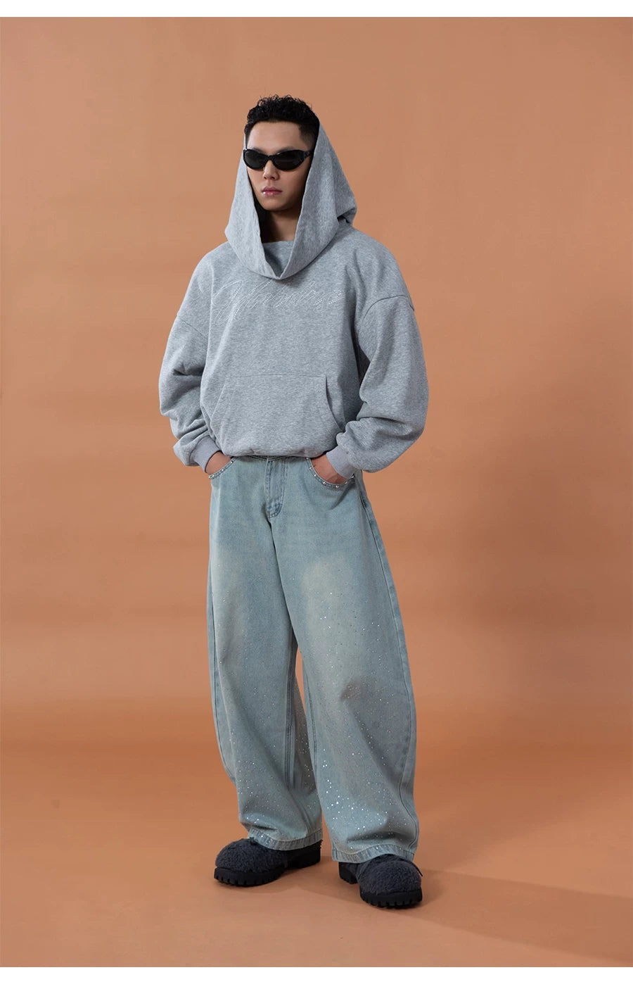 Grey Blue Unisex Letter Print Hoodie