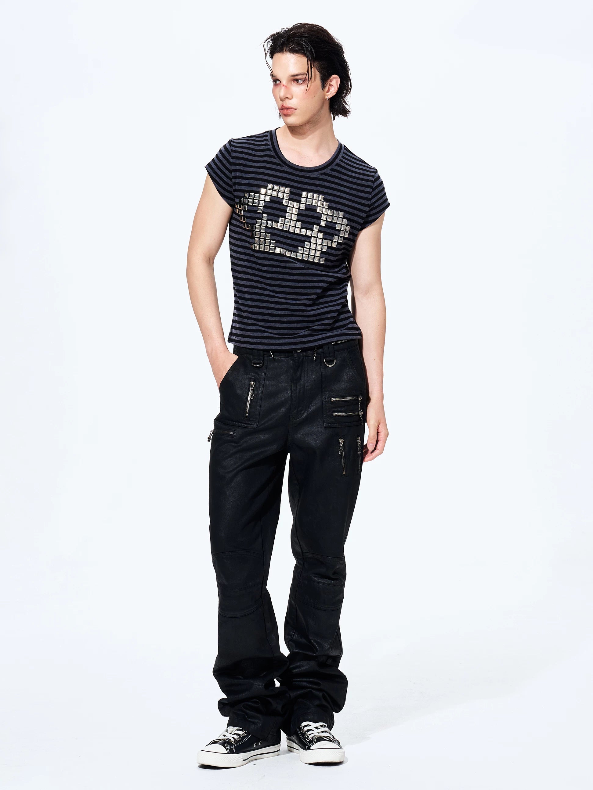 Men's Metallic Zip Waxed Straight Jeans