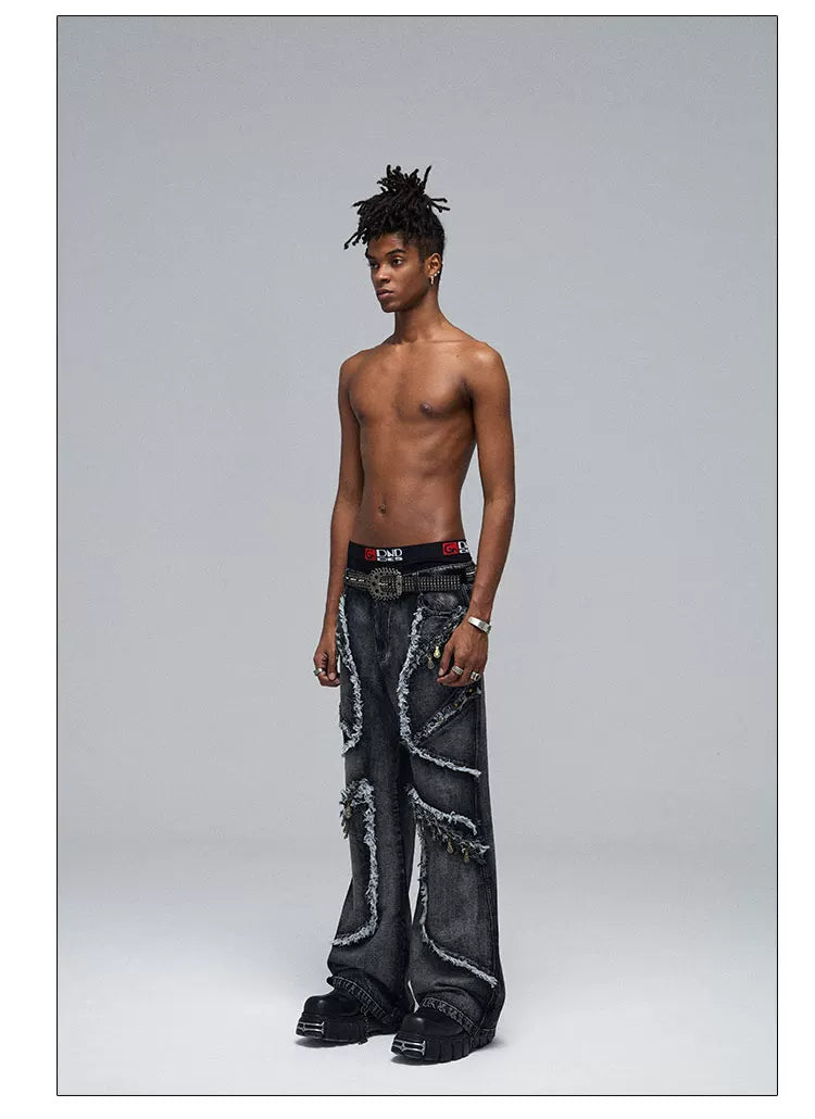 Fringed Ripped Washed Straight Jeans