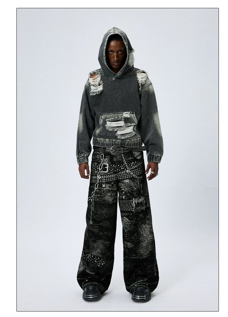 Washed Distressed Drop Shoulder Cropped Hoodie
