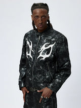 American Printed Pleated Leather Biker Jacket