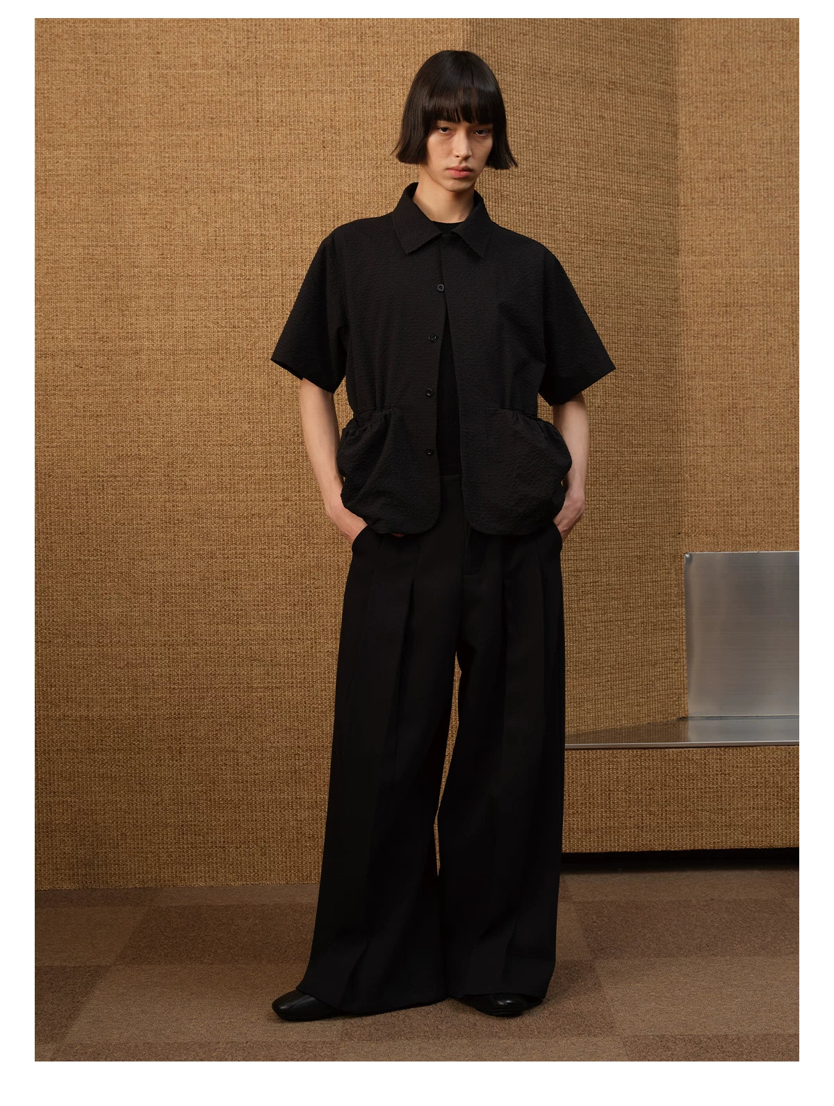 Short Sleeve Bubble Pleat Drawstring Shirt