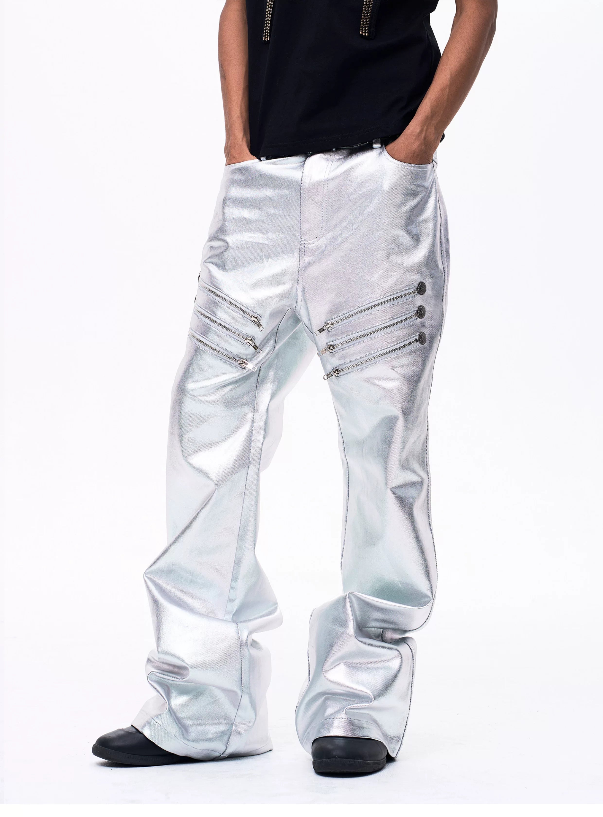 Men's Liquid Metal Silver Flared Jeans