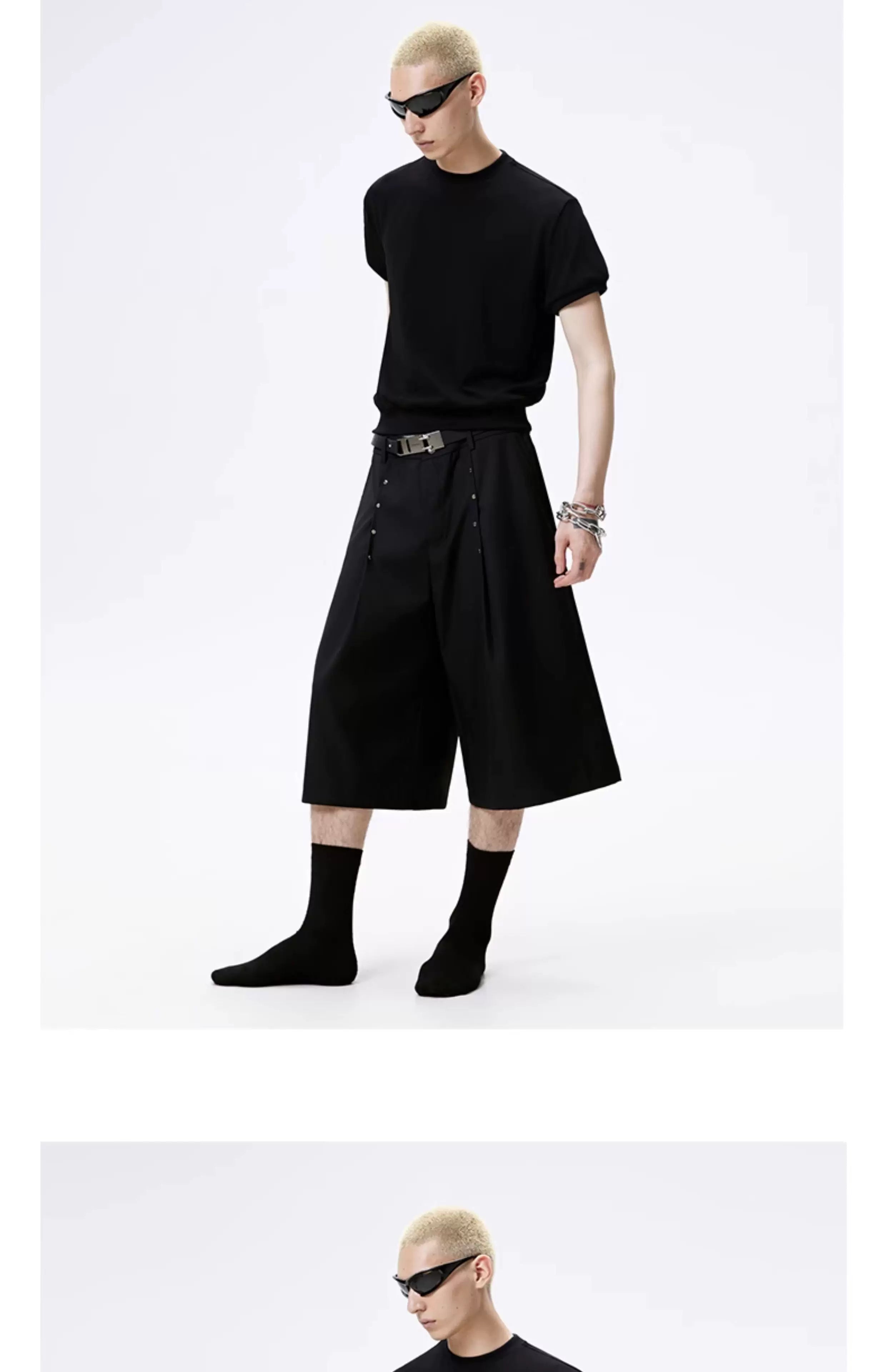 Metal Studded Pleated Wide Leg Shorts