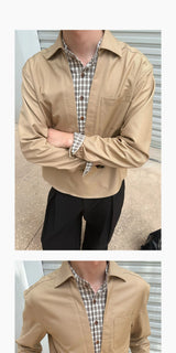 Long-Sleeve Layered V-Neck Color-Block Plaid Shirt