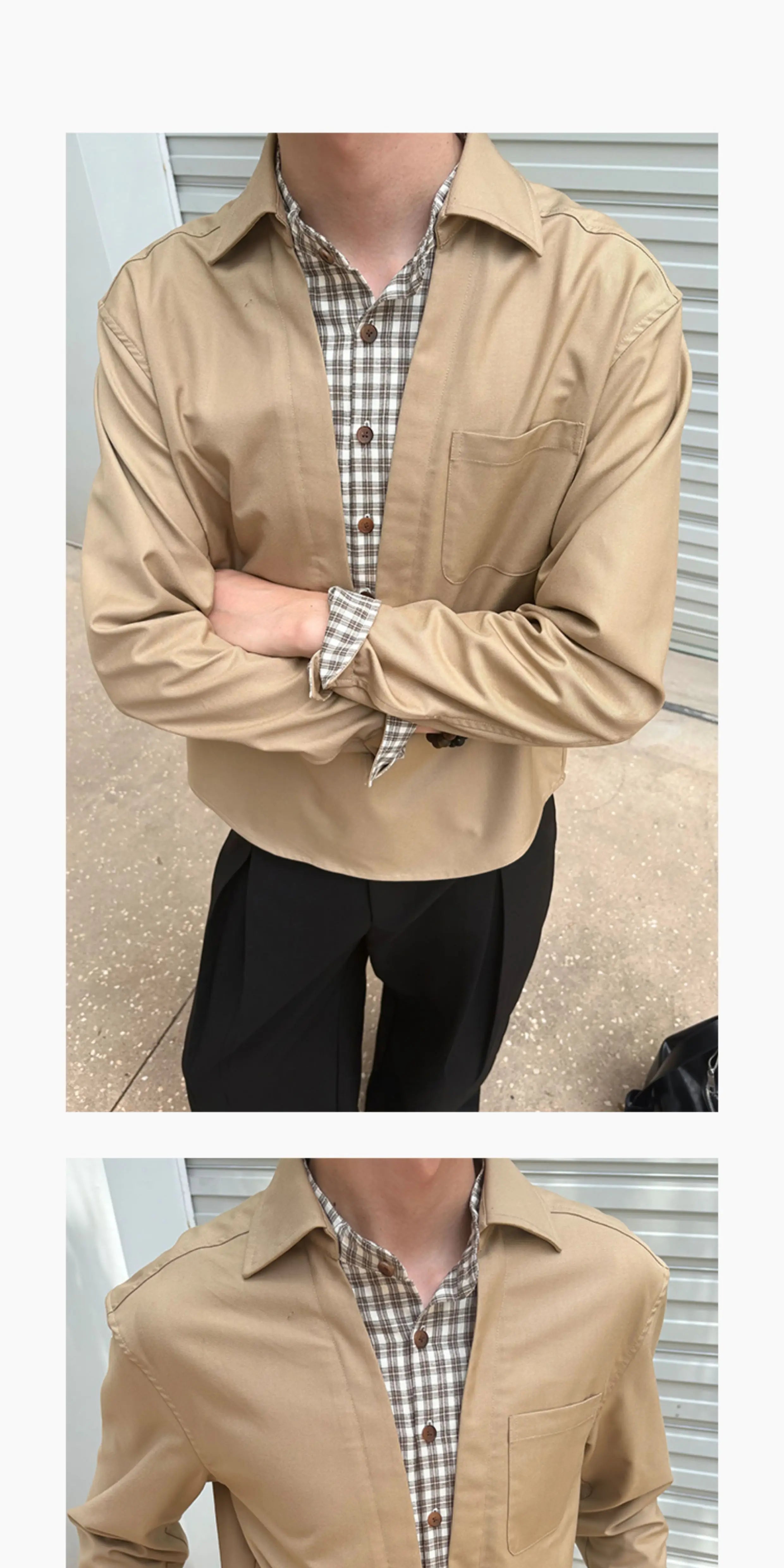 Long-Sleeve Layered V-Neck Color-Block Plaid Shirt