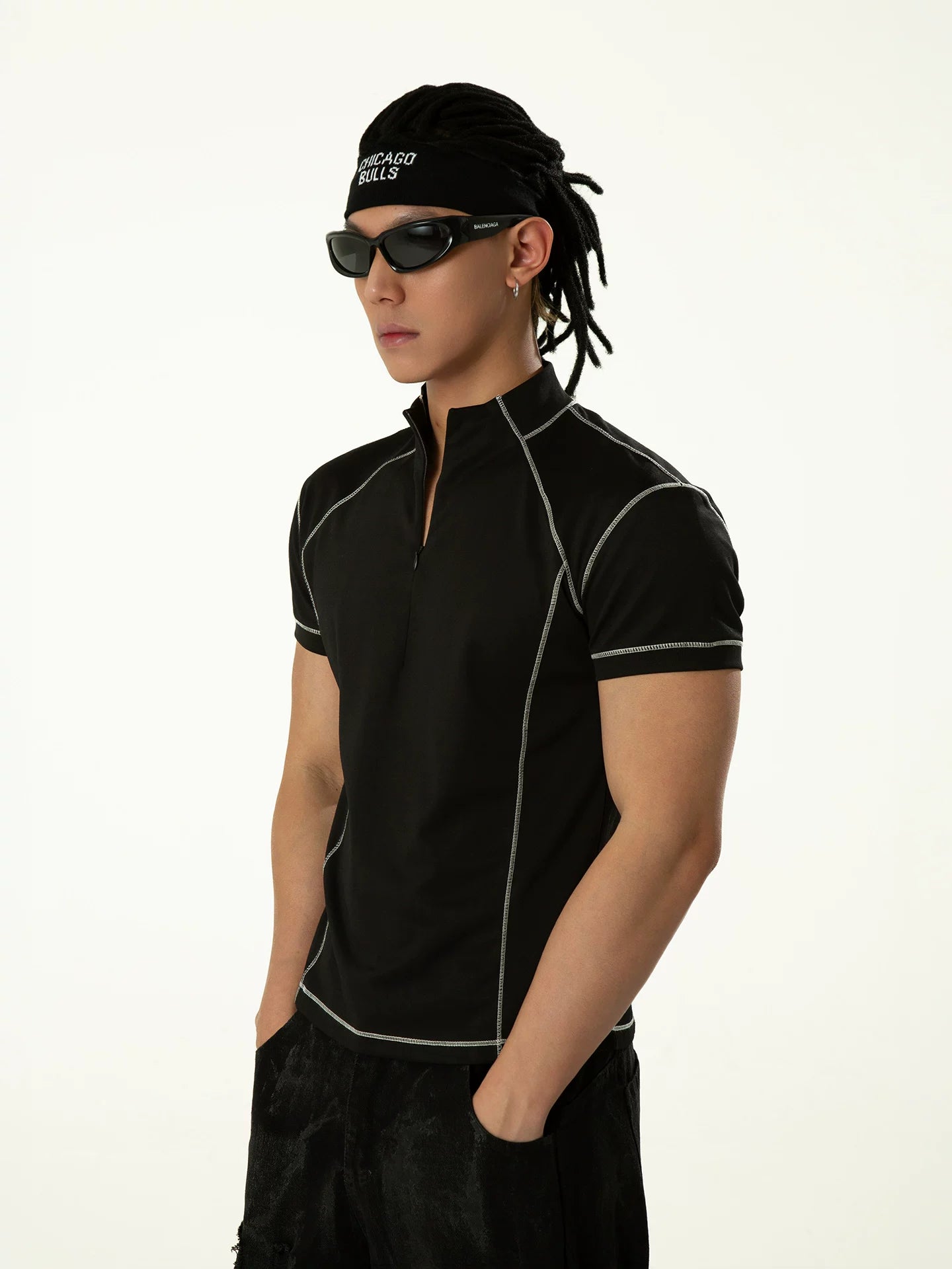 Black Short Sleeve Half-zip Men's Tee