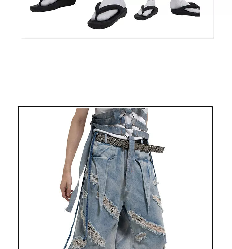 Washed Ripped Denim Shorts with Straps