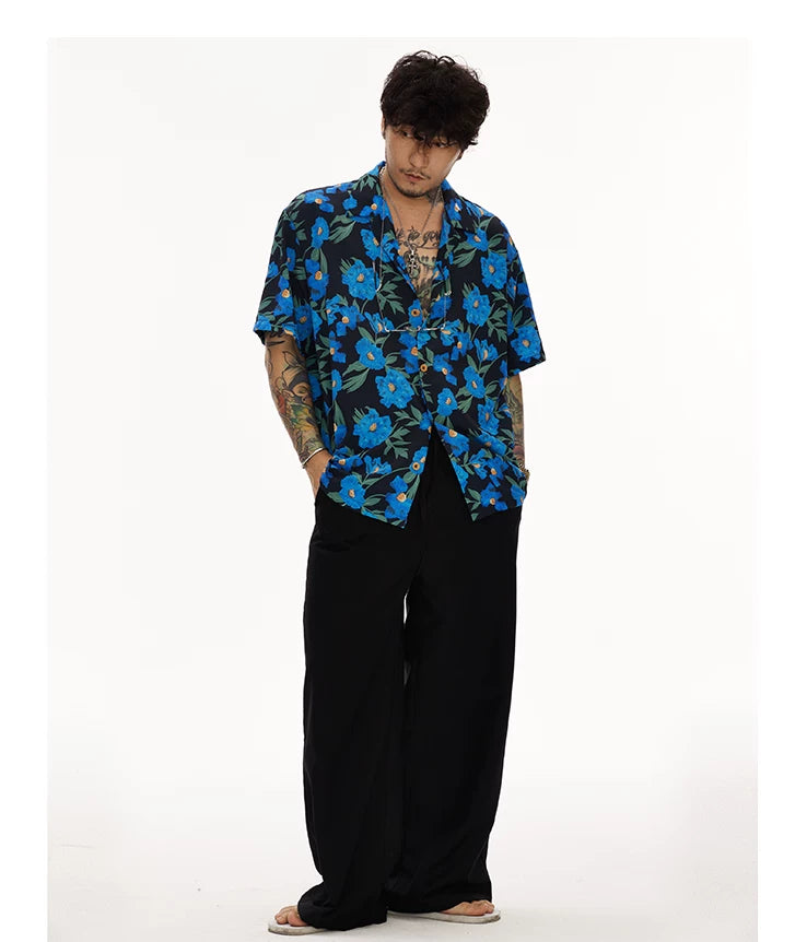Blue Short Sleeve Cuban Collar Shirts