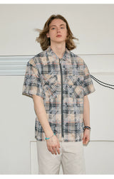 Men's Frayed Plaid Zip Short-sleeved Shirt