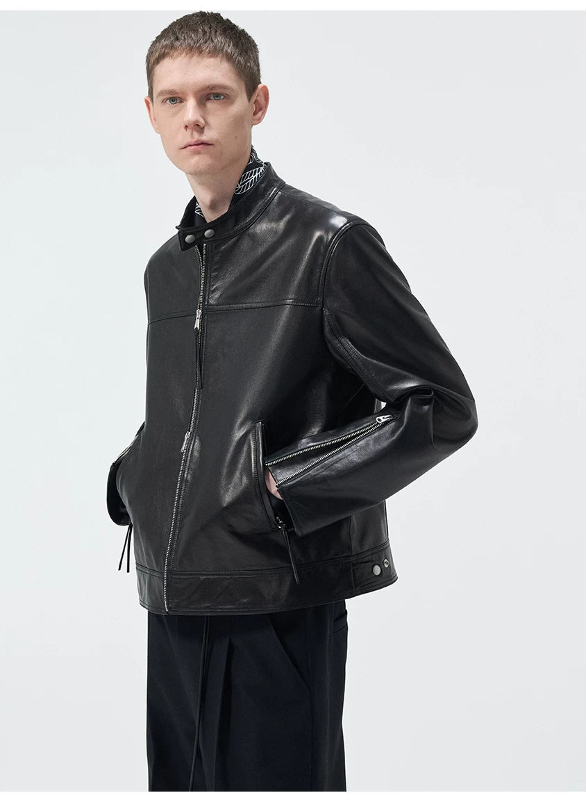 Short Stand Collar Cowhide Leather Jacket