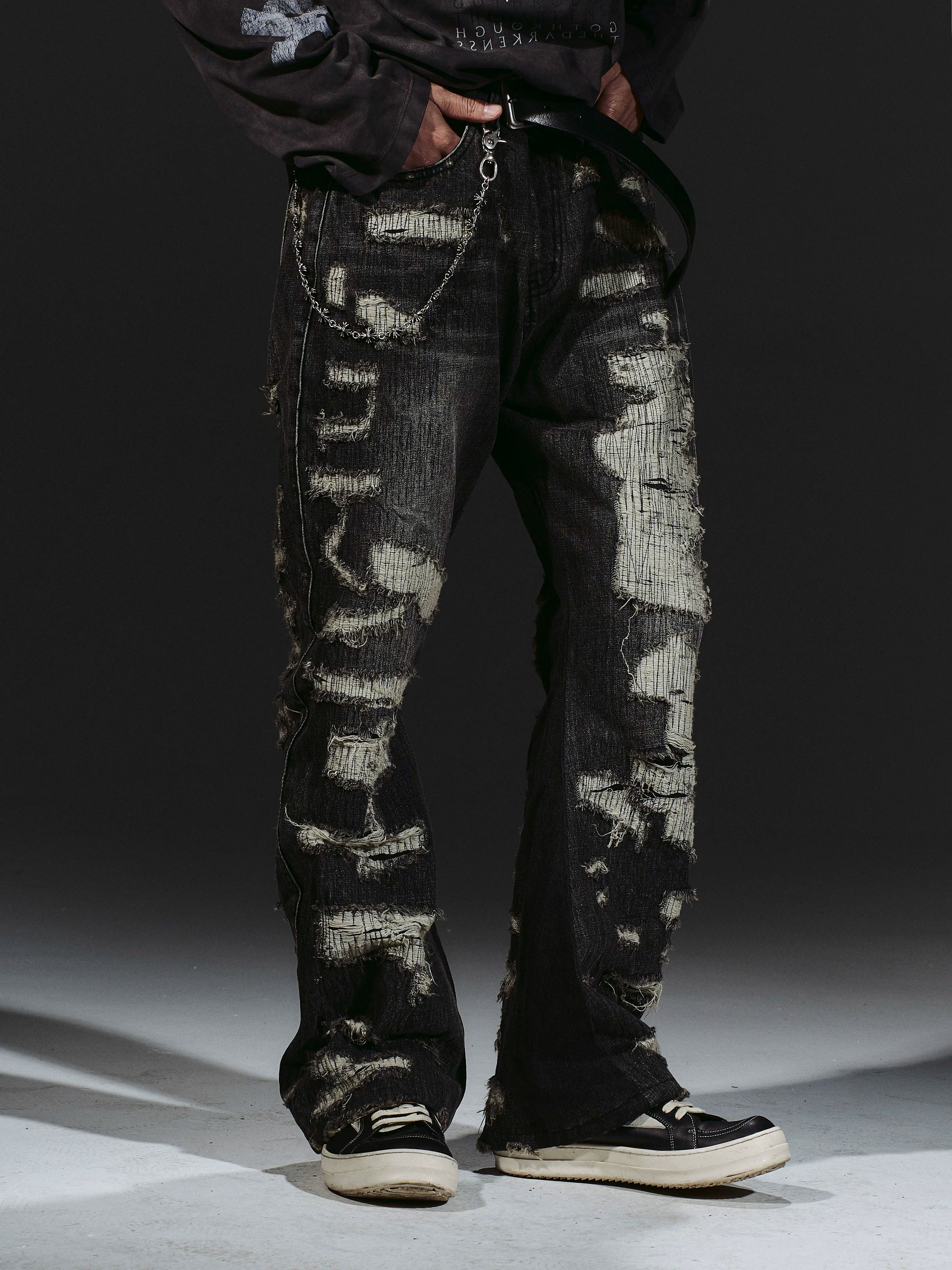 Heavyweight Distressed Embroidered Patchwork Flared Jeans