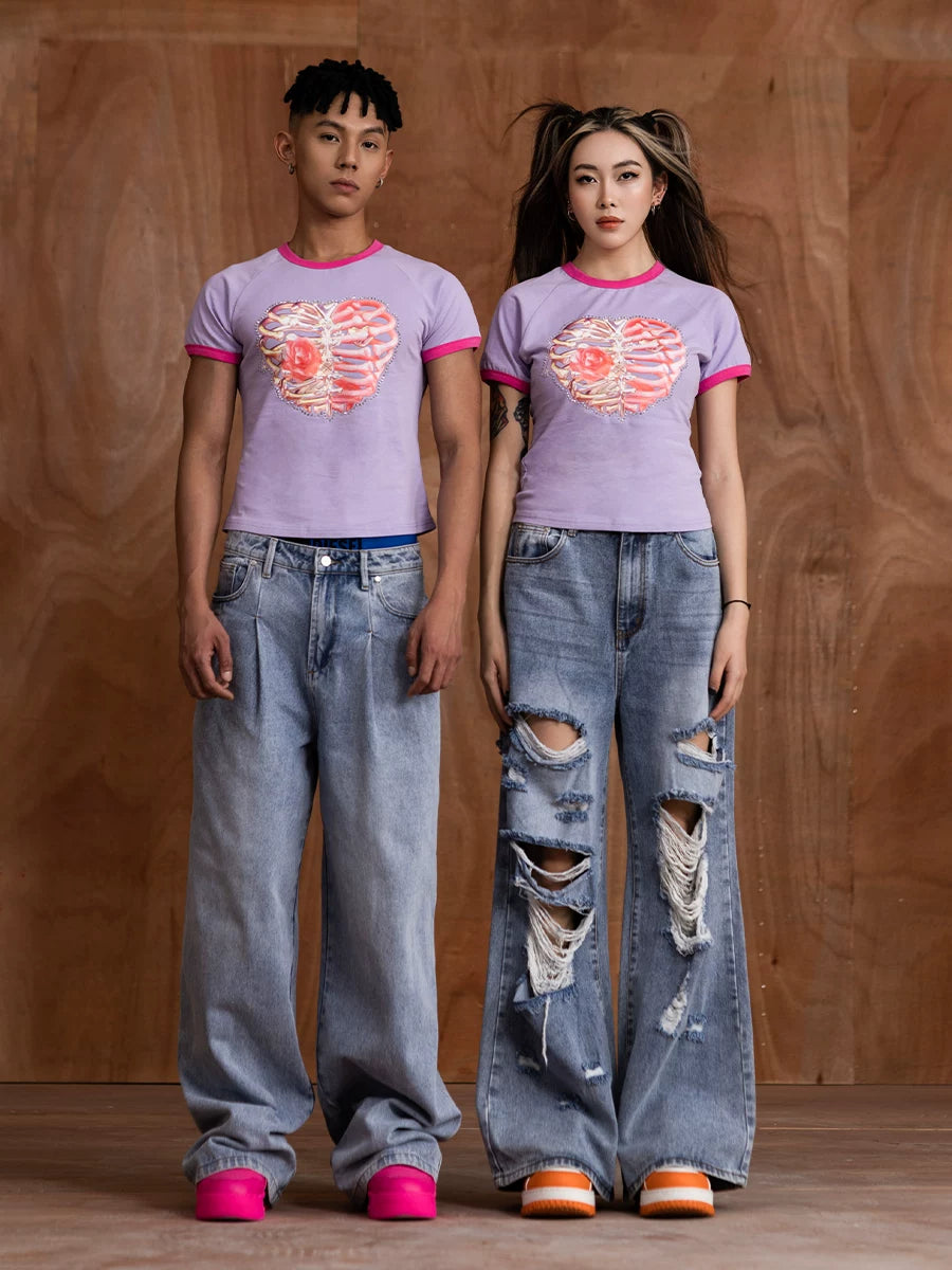 Slim Purple Heart Skeleton Rhinestone Tee