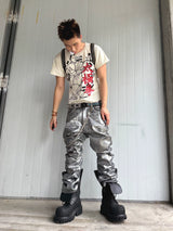 Distressed Silver Coated Embroidered Flared Jeans