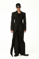 Black Wool Ribbon Pleated Waist-Tailored Blazer