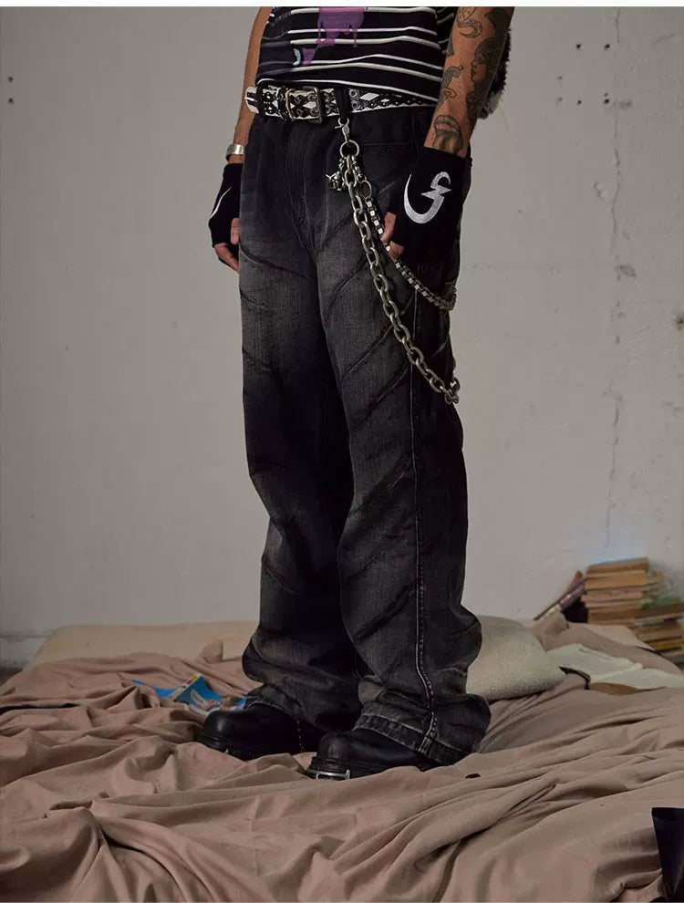 Black Washed Distressed Straight Flared Jeans
