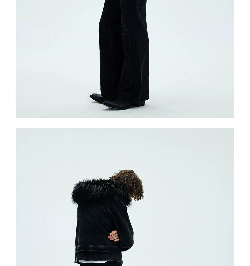 Washed Detachable Fur Zip Hoodie