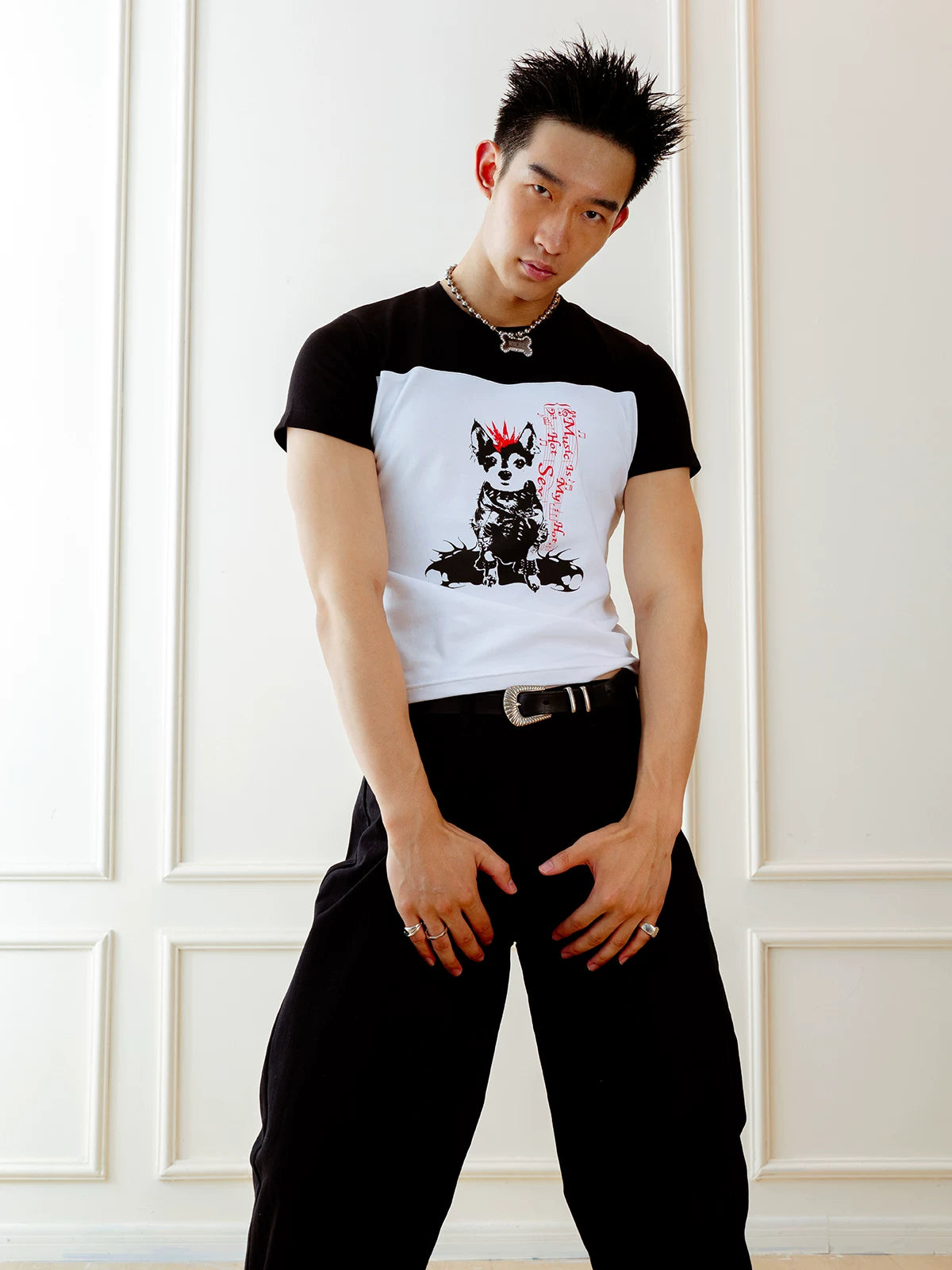 Vintage Punk Dog Print Slim Tee