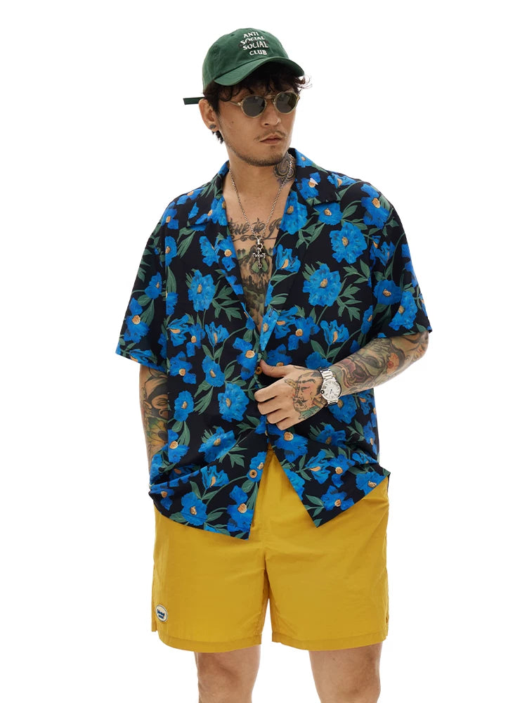 Blue Short Sleeve Cuban Collar Shirts