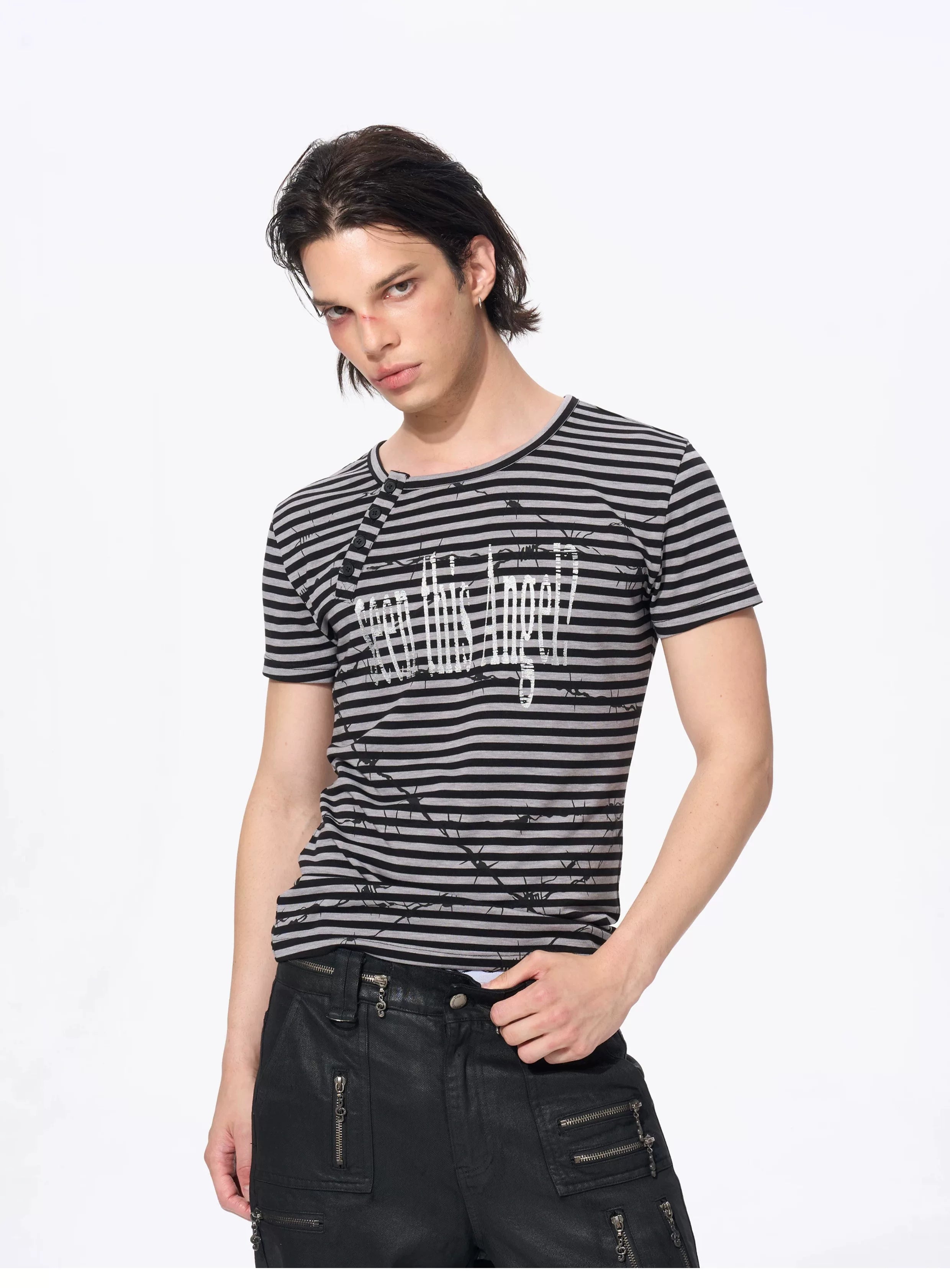 Slim Fit Letter Print Striped Tees