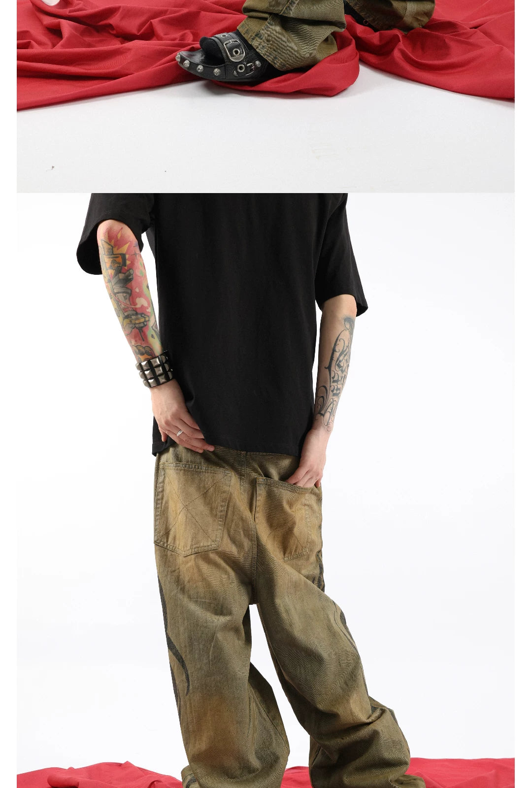 Heavy Washed Bamboo Print Baggy Jeans