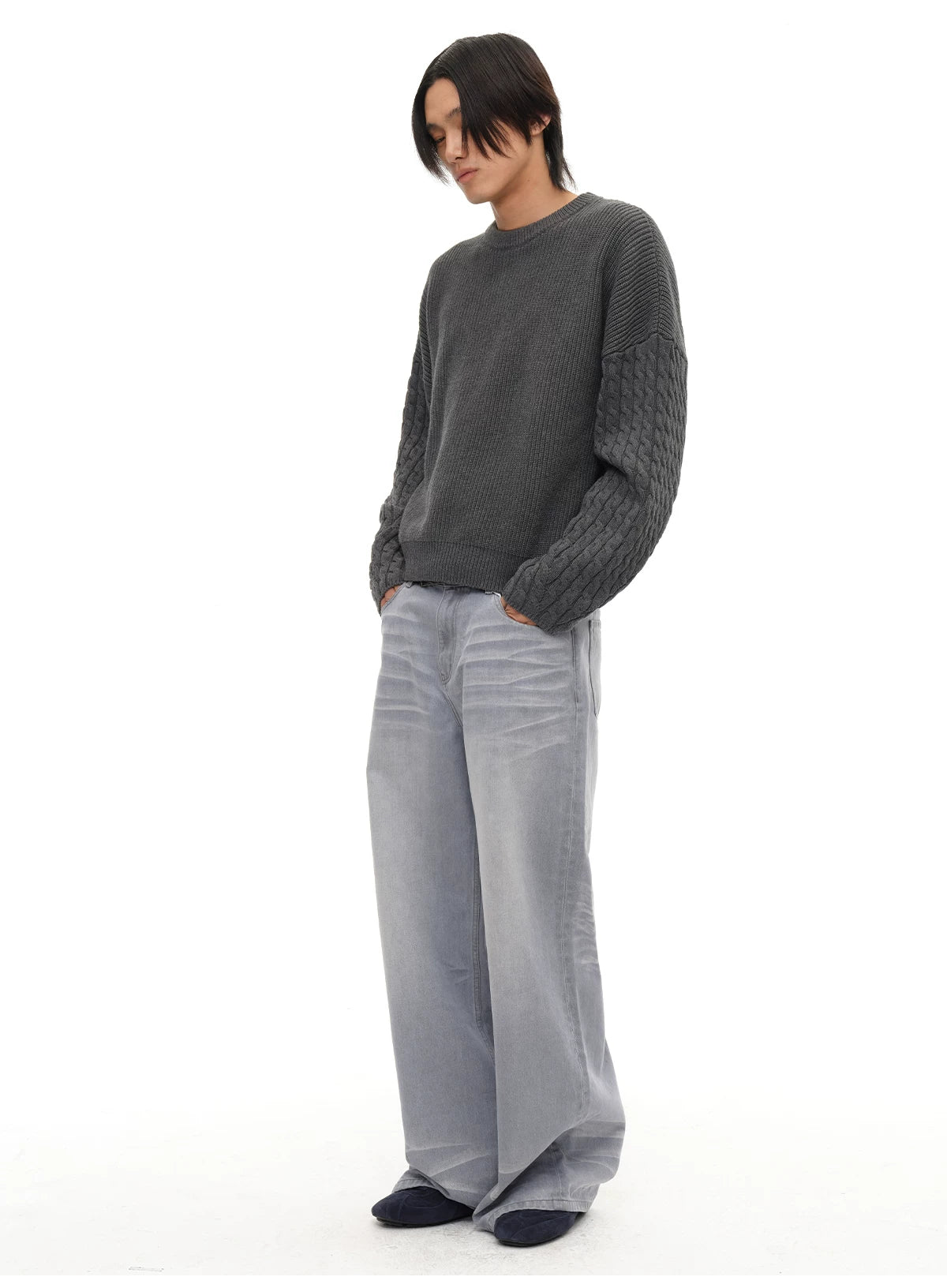 Cable Knit Cotton Drop Shoulder Sweater