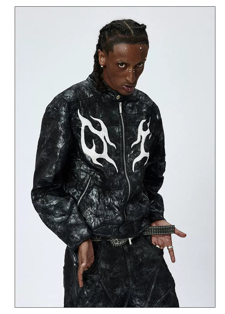 American Printed Pleated Leather Biker Jacket