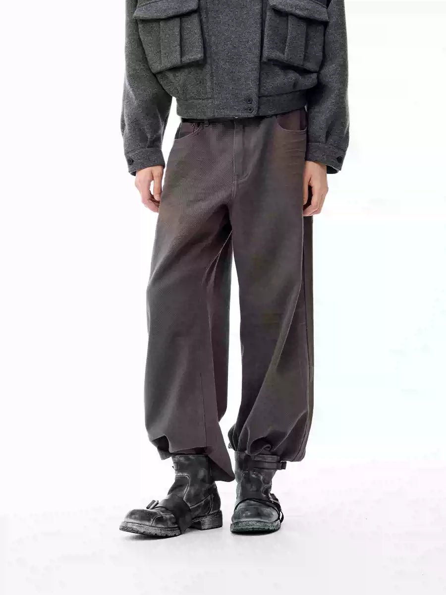 Faded Washed Pleated Straight Jeans