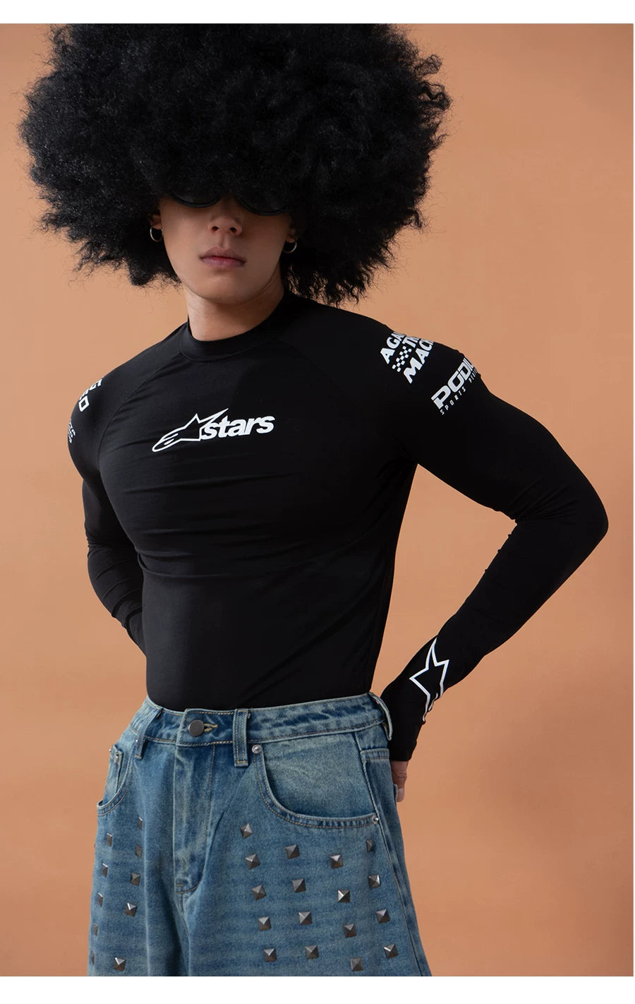 Men's Black Racing Print Long-sleeved Tee