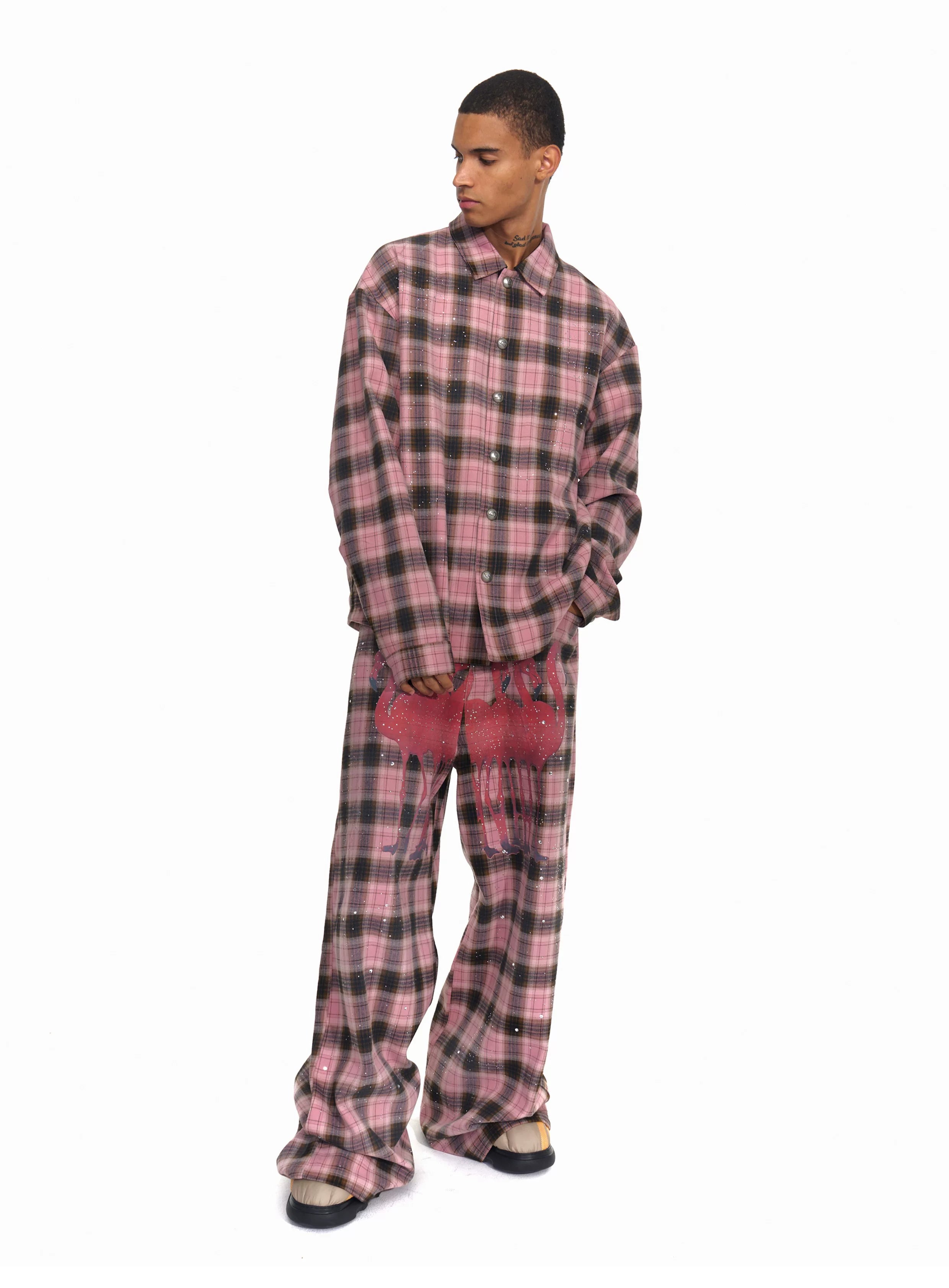 Men's Pink Plaid Flamingo Rhinestone Jacket