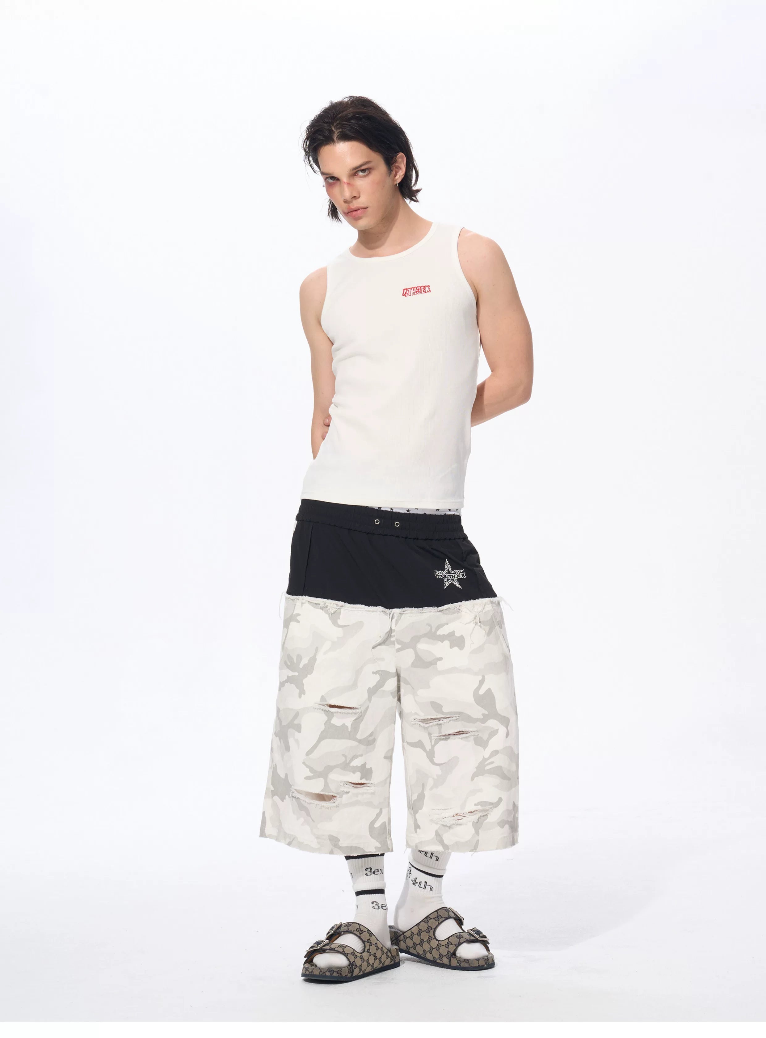 Men's Patchwork Ripped White Camo Pants