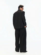 Black Striped Wool Stand Collar Blazer