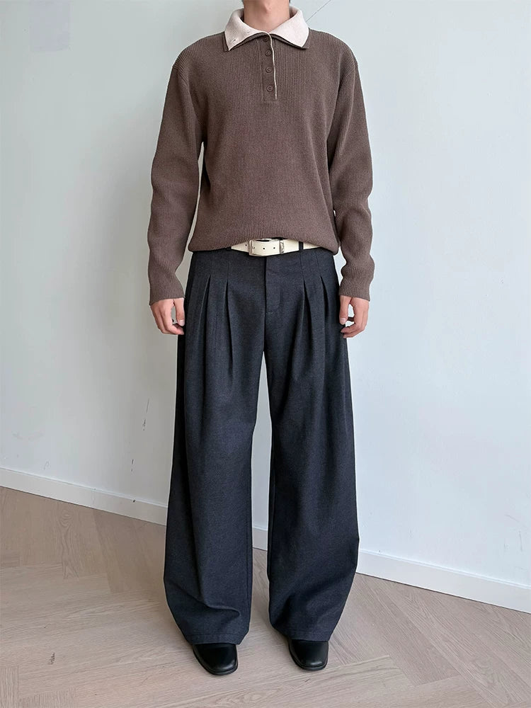 Brushed Velvet Pleated Loose Straight Pants
