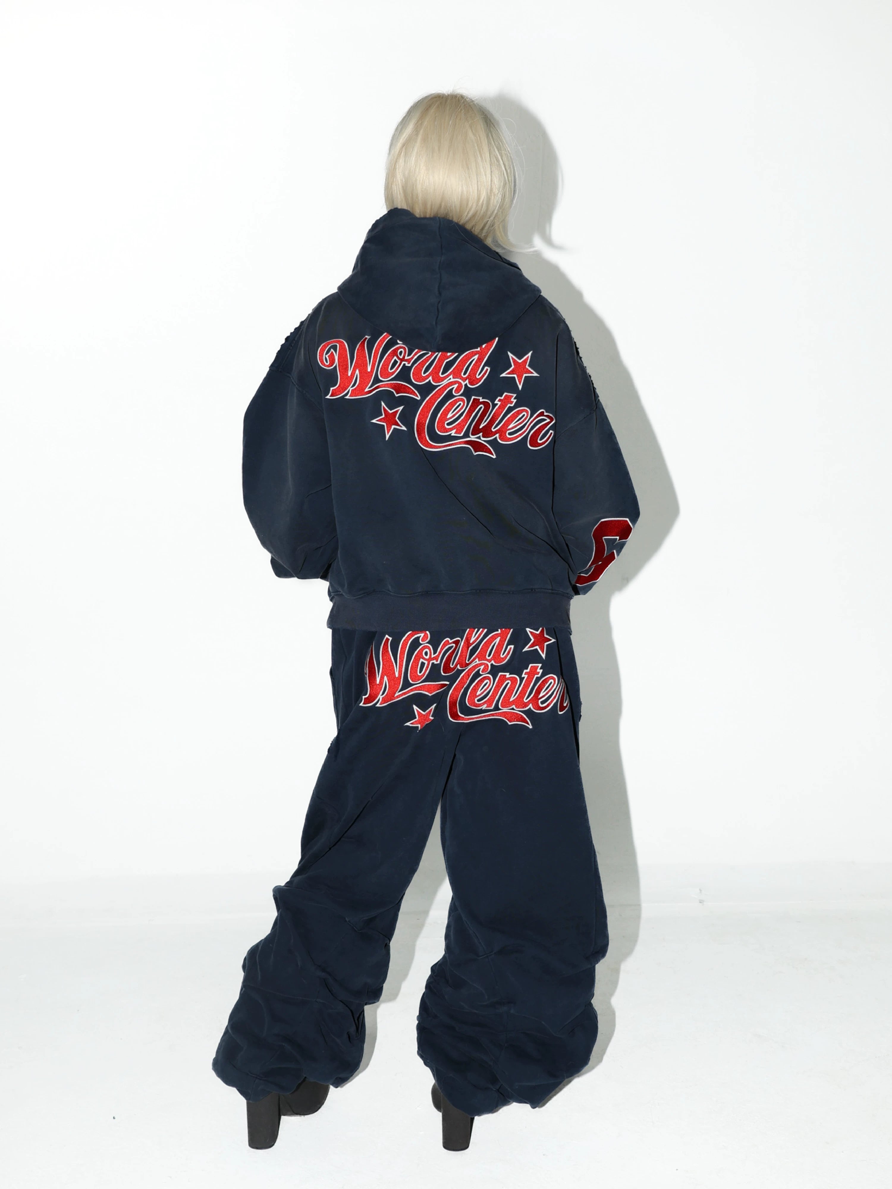 Navy Washed Embroidered Cropped Zip-Up Hoodie