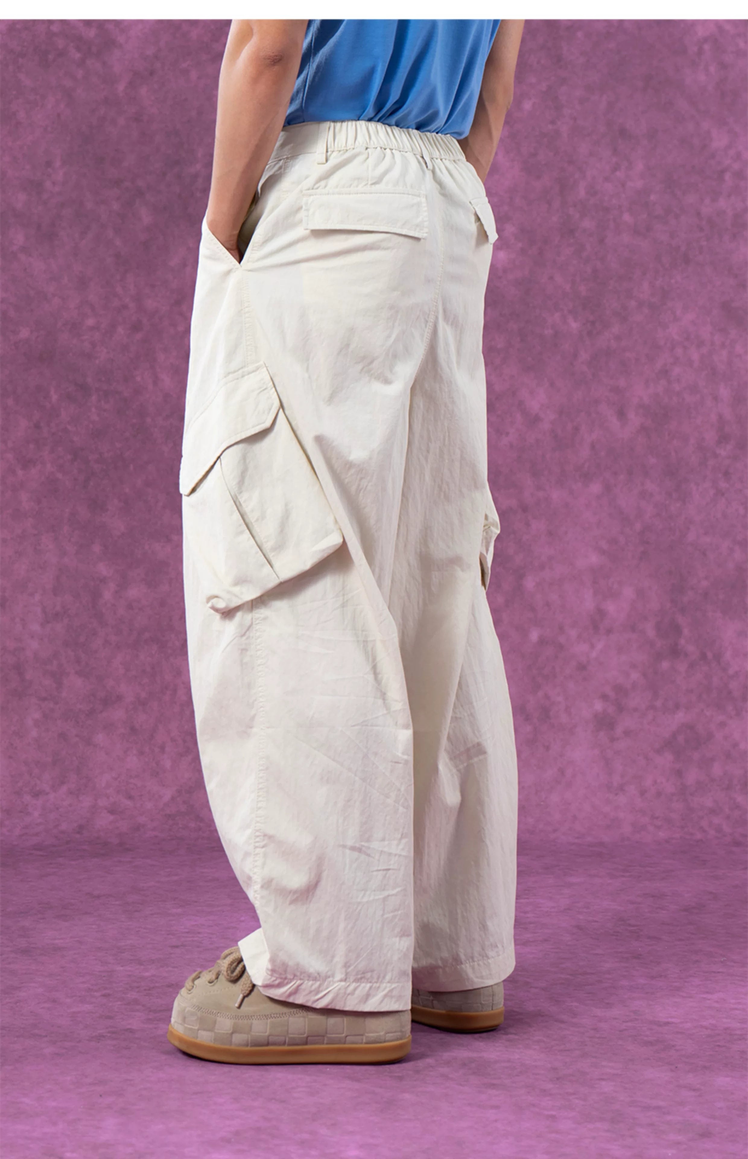 Men's Beige Loose Curved Cargo Pants