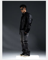 Dark Zip-Up Padded Biker Leather Jacket
