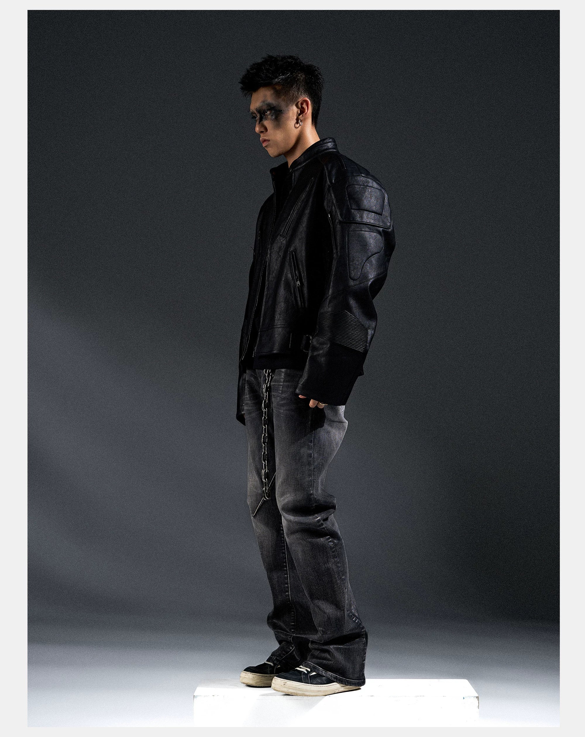 Dark Zip-Up Padded Biker Leather Jacket