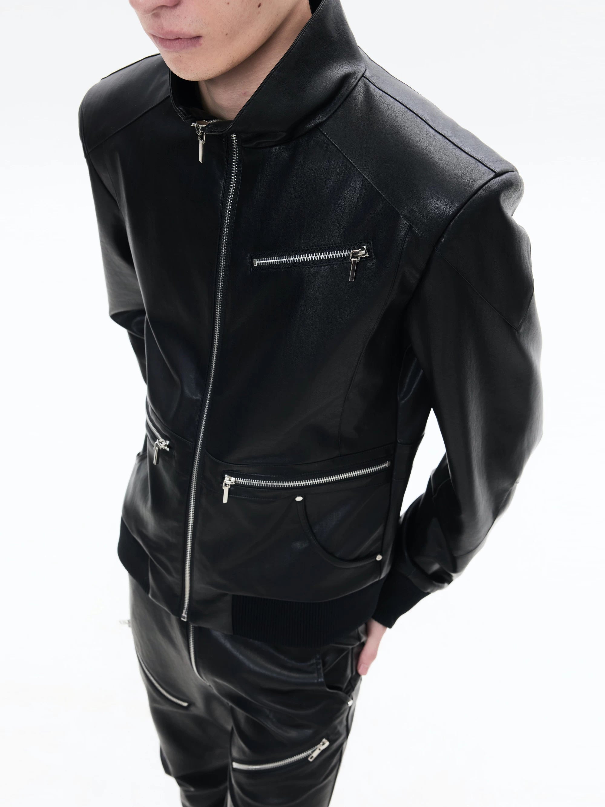 Black Slim Fit Zip-Collar Leather Jacket