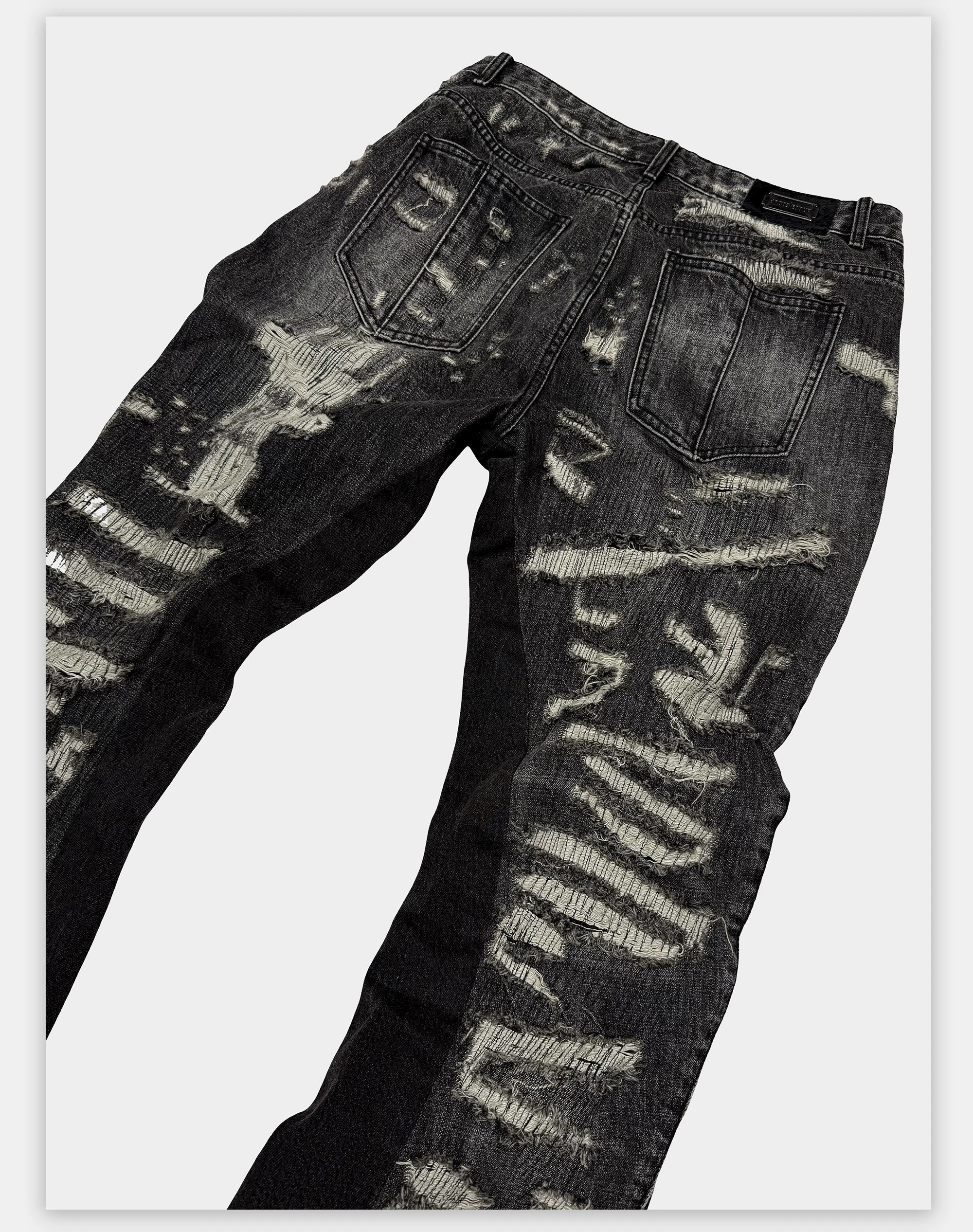 Heavyweight Distressed Embroidered Patchwork Flared Jeans