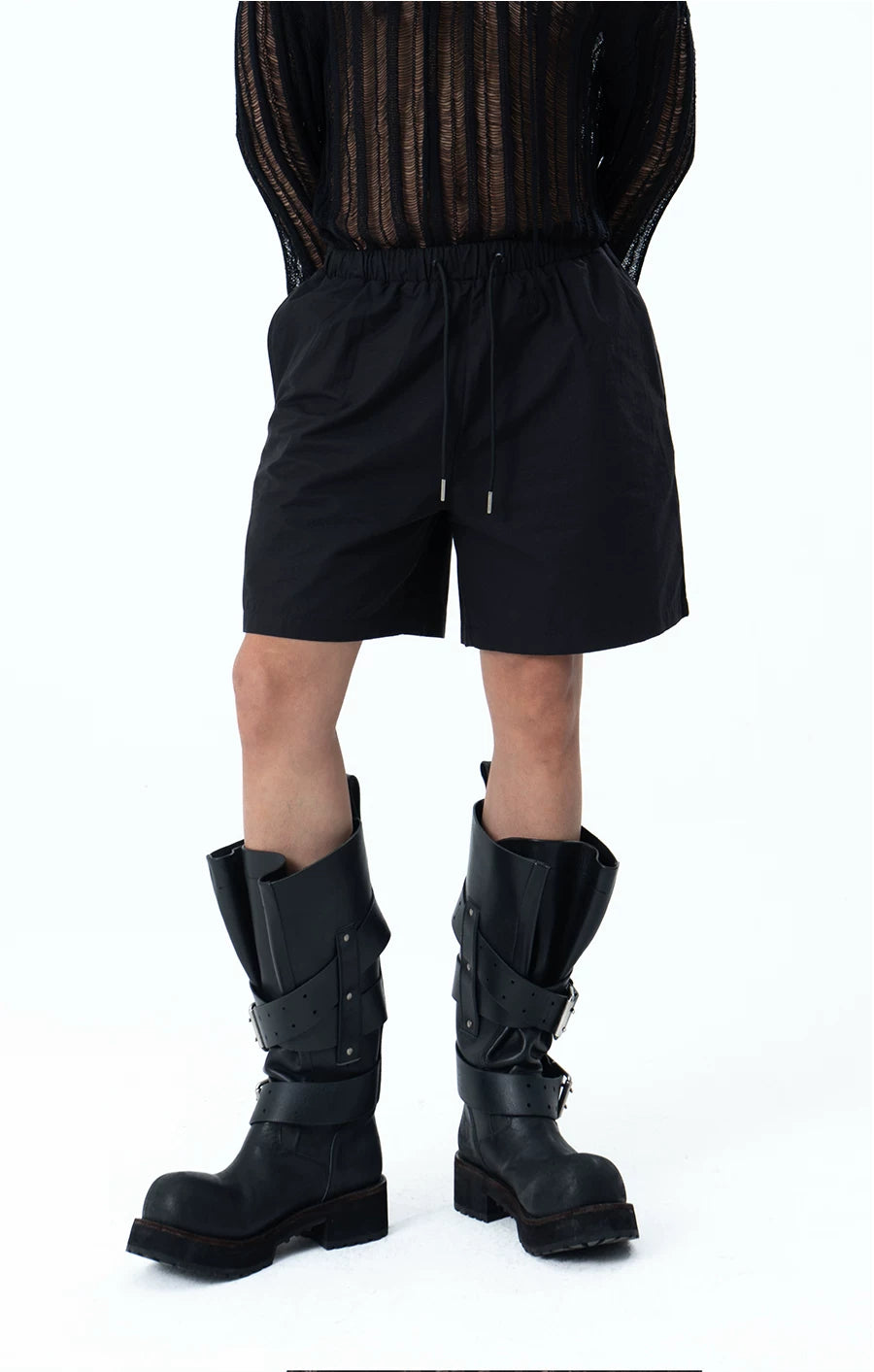 Men's Black Gray Elastic Waist Shorts